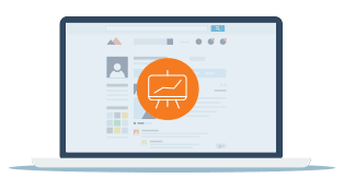 Laptop screen with a line graph on an orange circle displayed