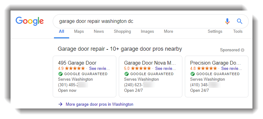 google local services ads results for garage door repair services