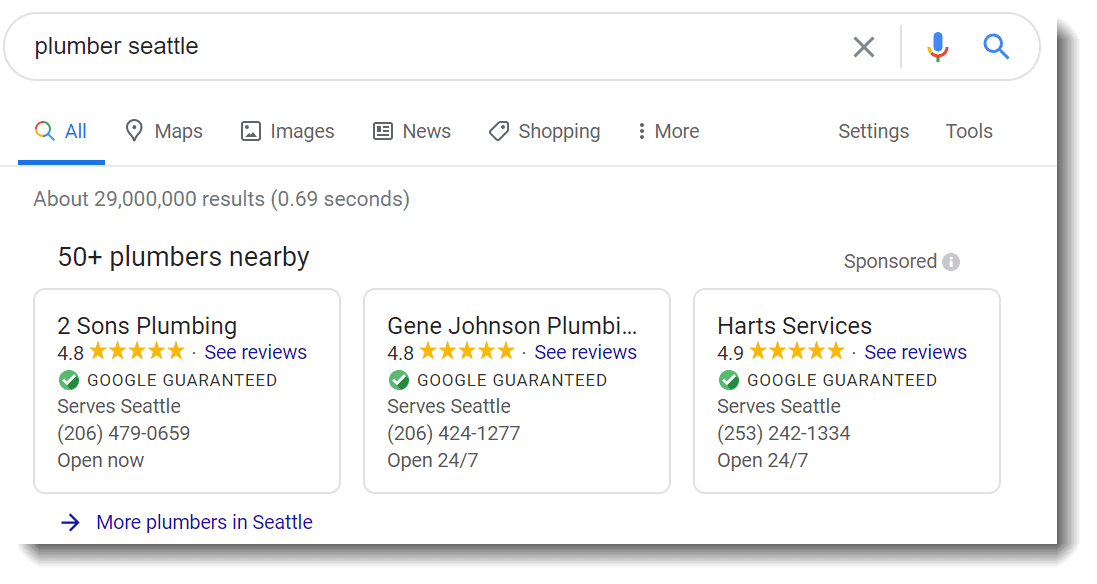 screenshot of local services ads for plumbers