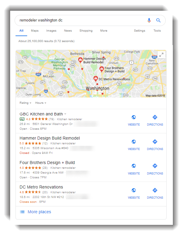 you need local seo for remodelers to get in Google's local pack: image of a remodeling local pack