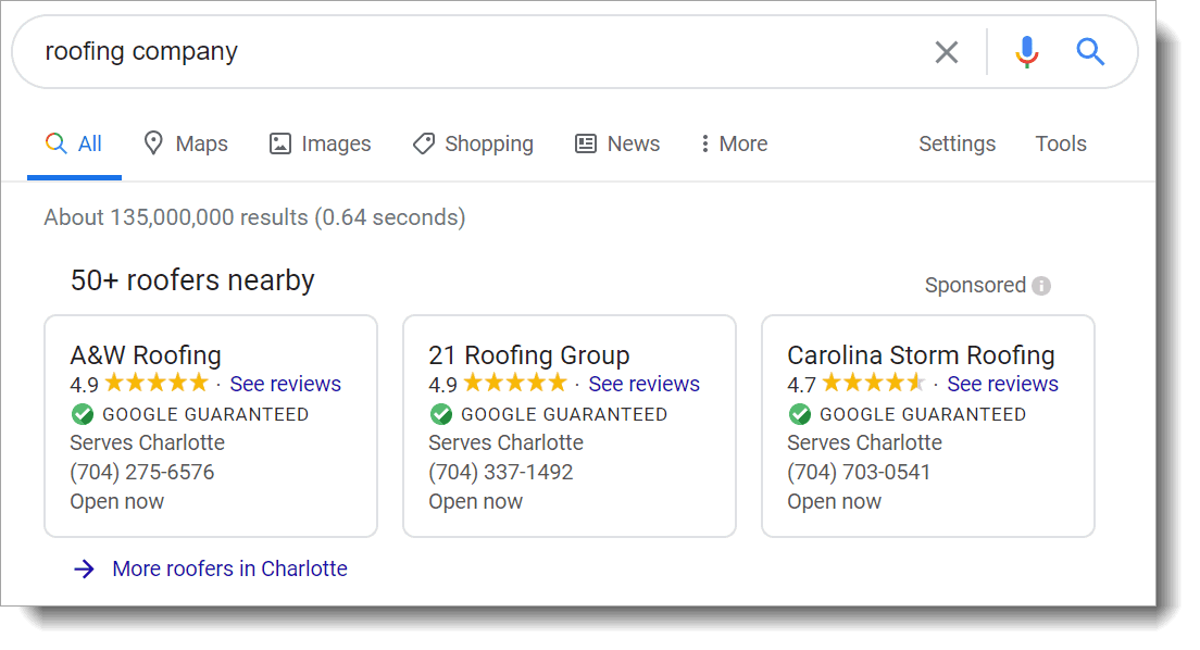 screenshot of local services ads for roofing companies